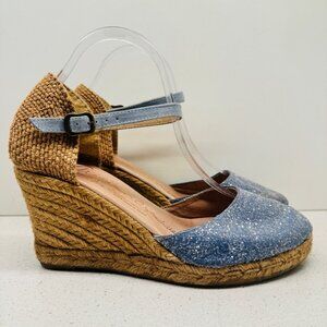 Gaimo Espadrille Wedge Leather Blue Sparkle Ankle Strap Heel Sandals Spain Sz 40